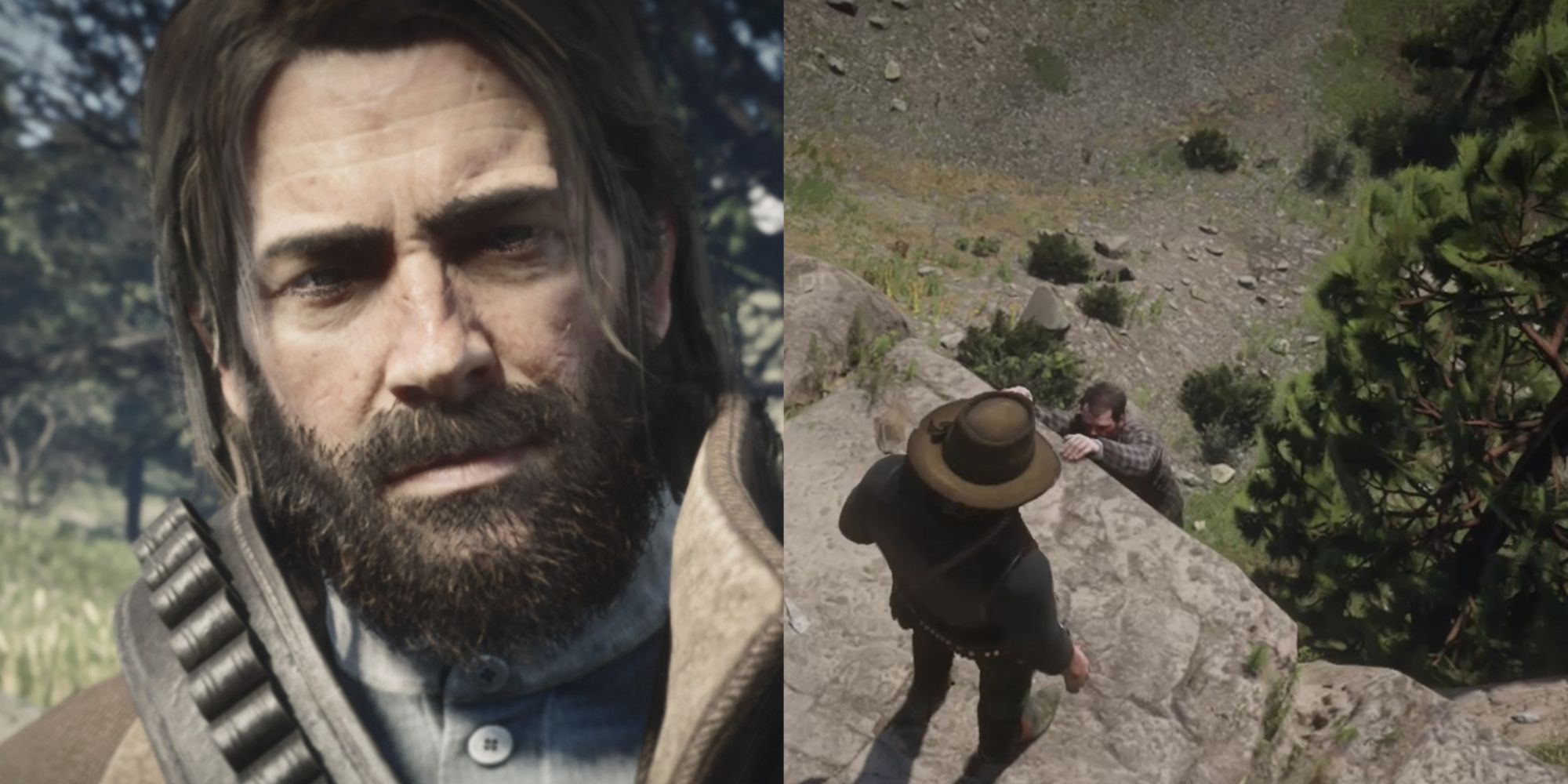 Red Dead Redemption Hardest Choices Featured Split Image Arthur and Man hanging From Cliff