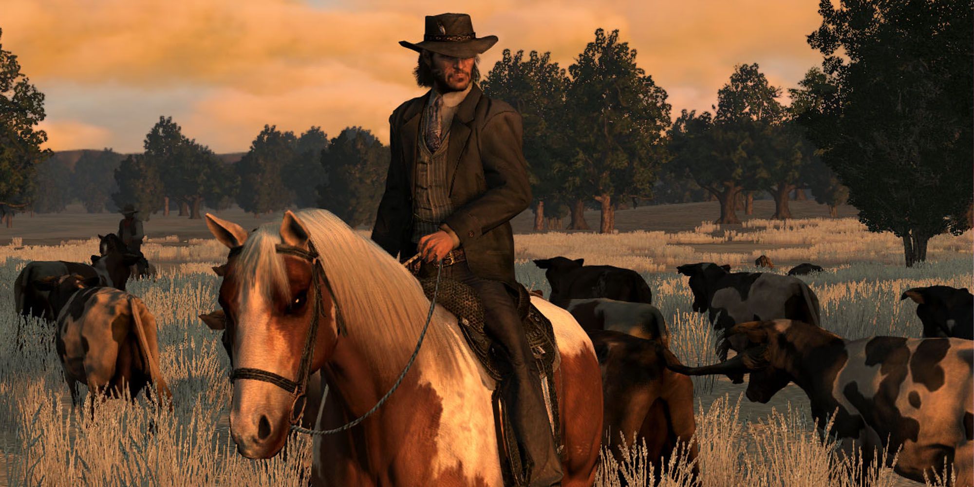 Red Dead Redemption screenshot of John Marston riding a horse in a field of cows