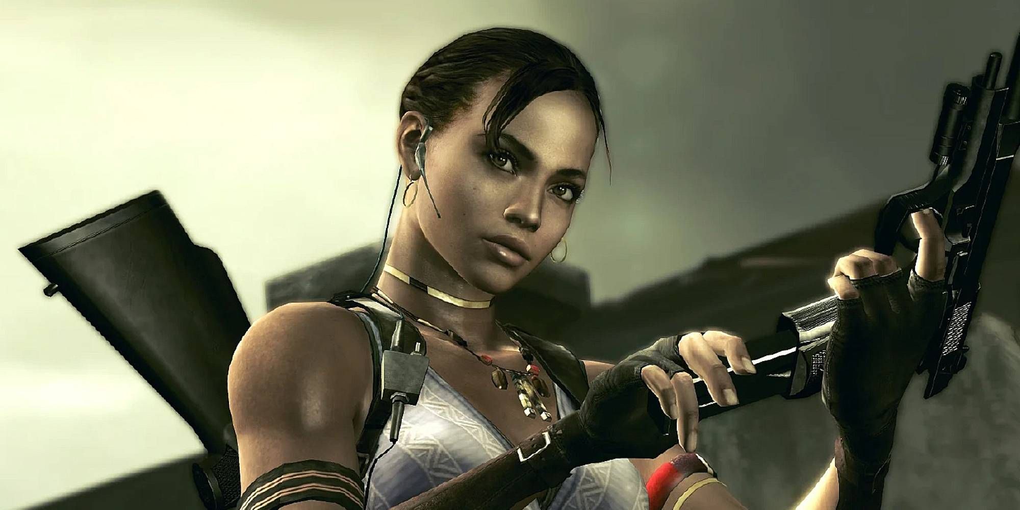 Resident Evil 5's Sheva looks up as she reloads her gun