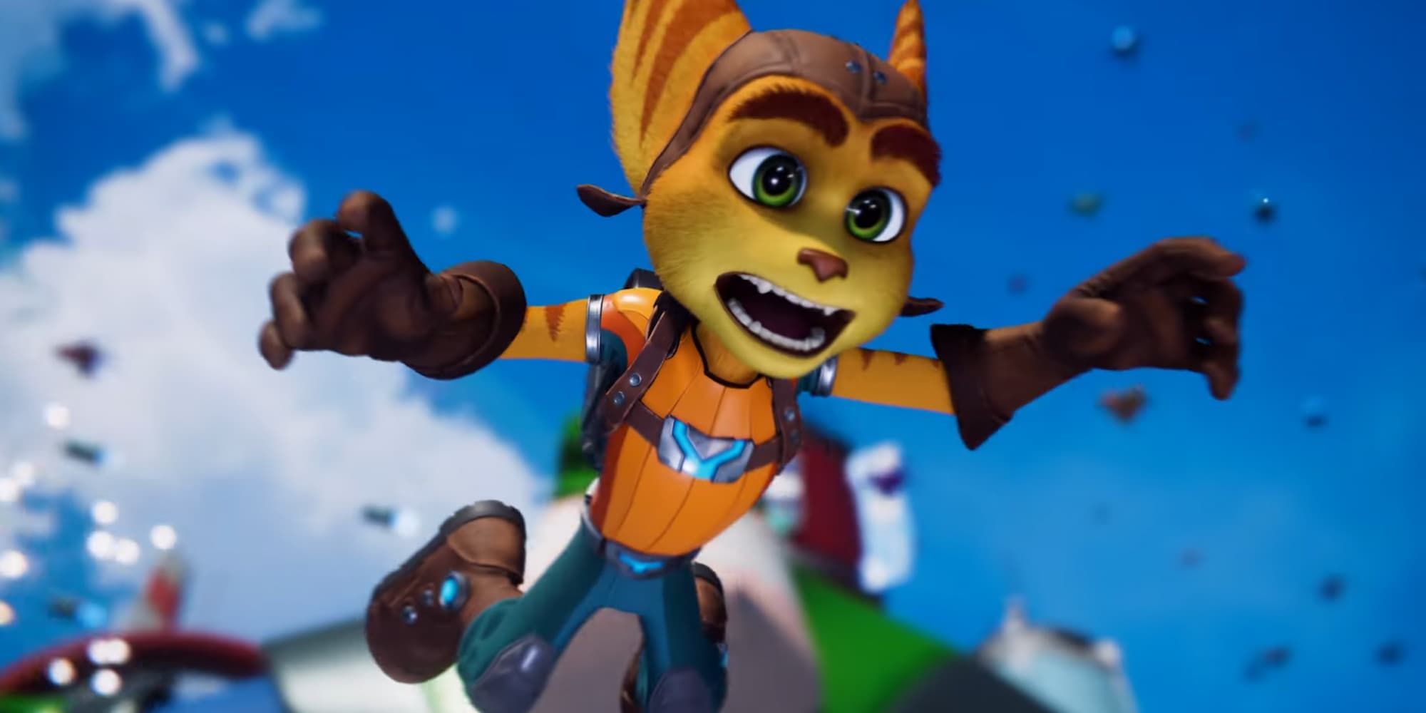 Ratchet falls from the sky in Ratchet and Clank: Rift Apart.