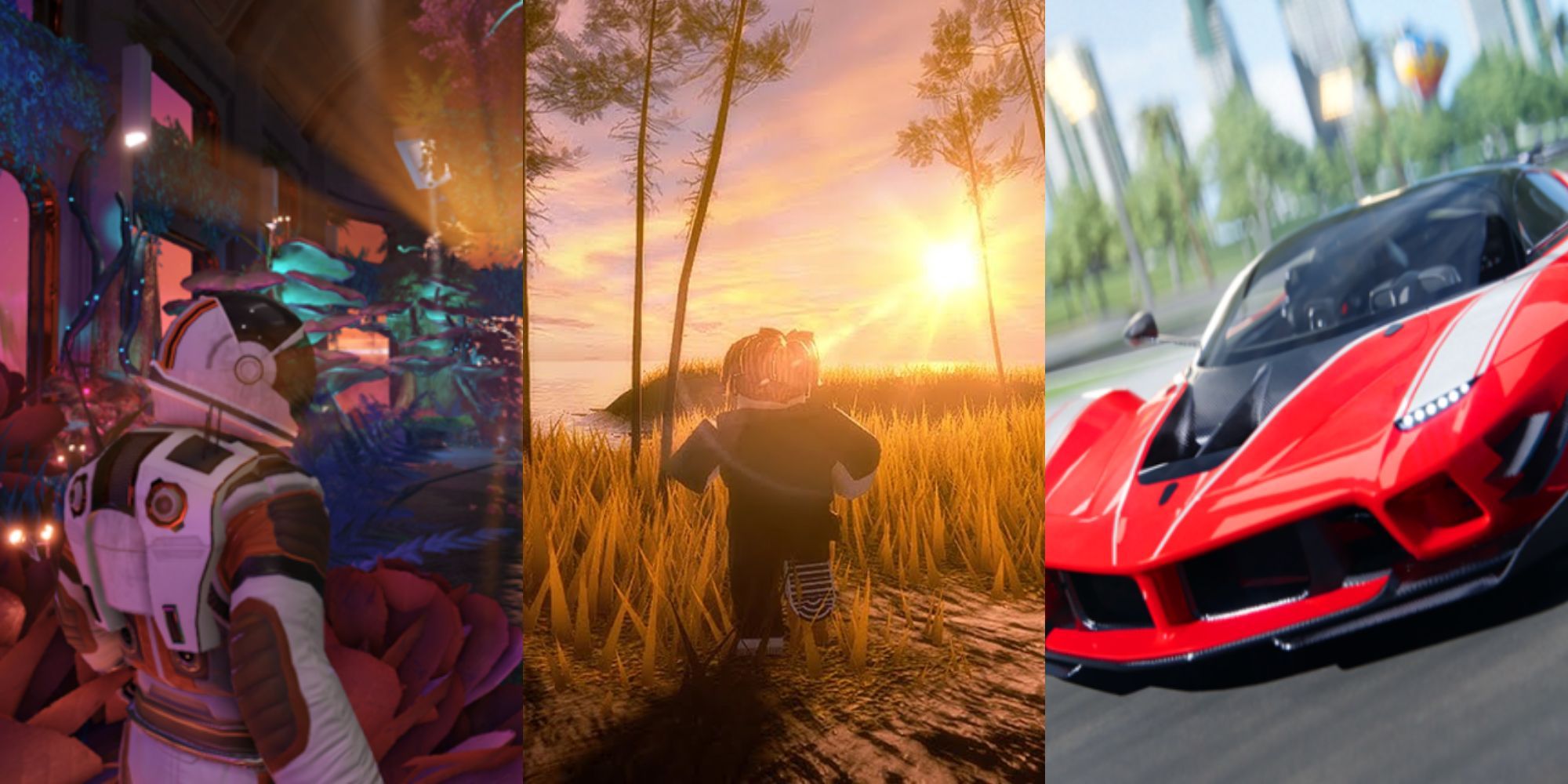 Astronaut in natural space, roblox character in golden field, and a red racing car