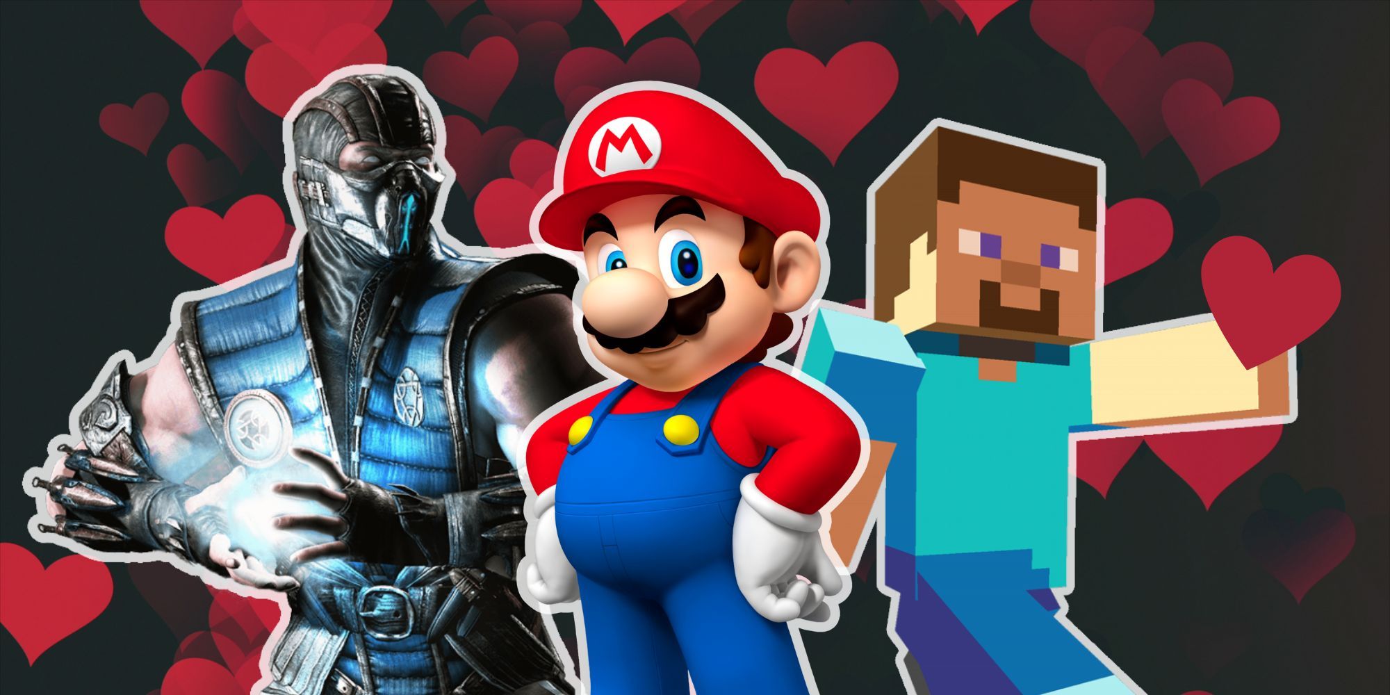 Mortal Kombat character, Mario, and Minecraft Steve in front of a heart background