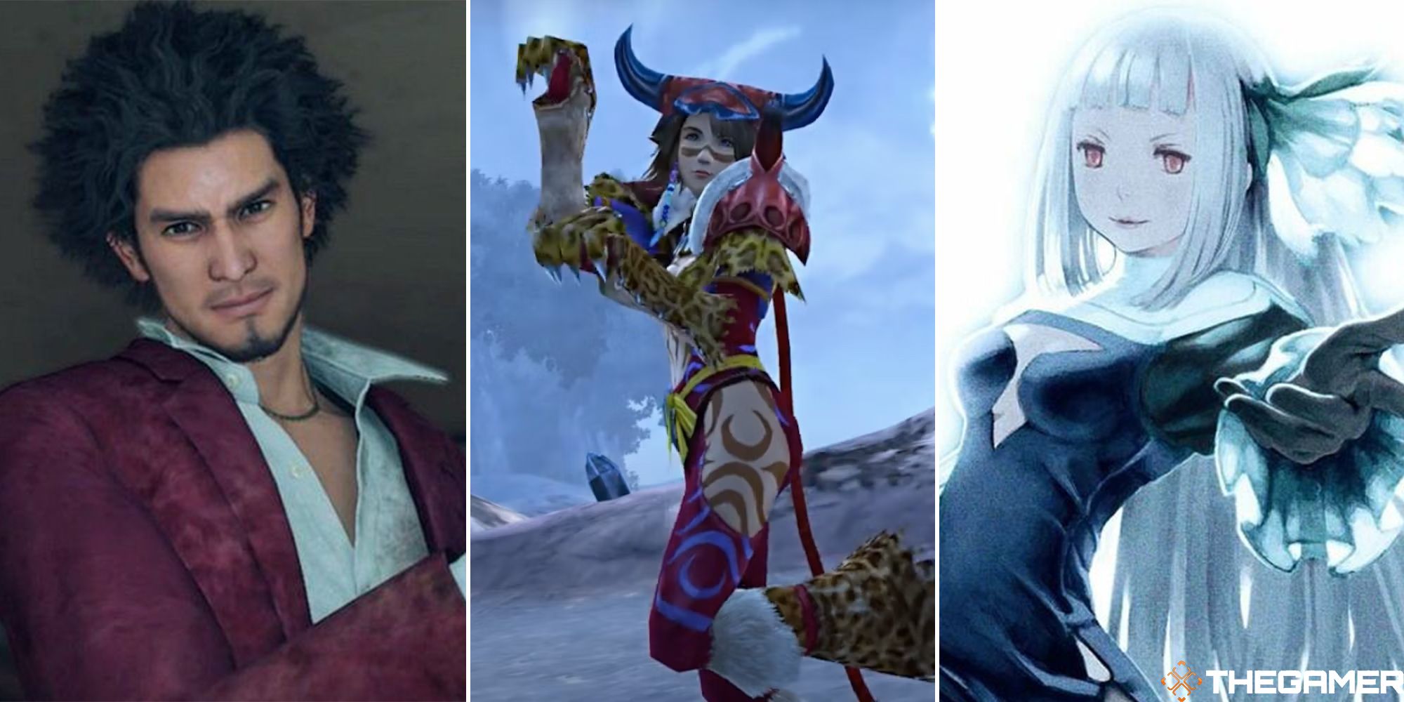 yakuza like a dragon, final fantasy x-2, and bravely second end layer split image