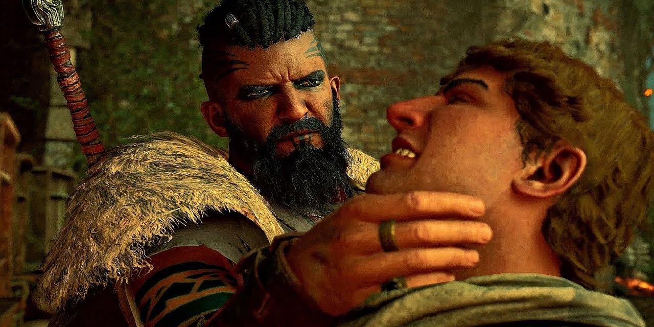 Rued choking Oswald in Assassin's Creed Valhalla