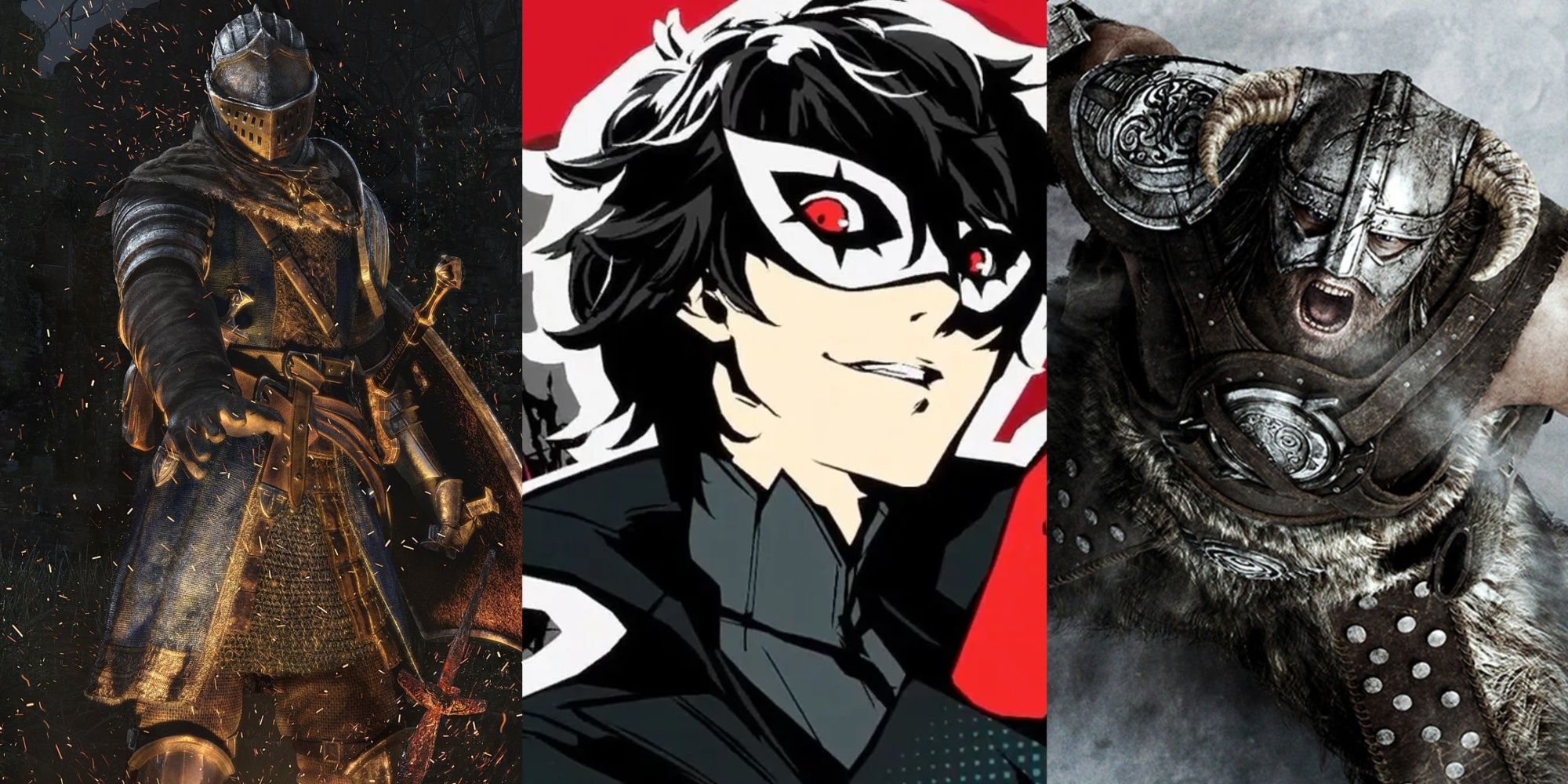 A knight from Dark Souls, Joker form Persona 5, and the Dragonborn shouts