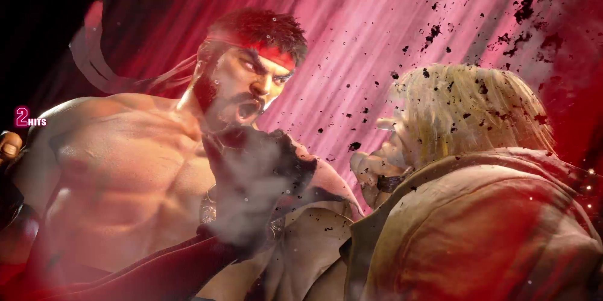 Ryu assaults Ken's jaw with a powerful Shin Shoryuken during a battle at Genbu Temple in Street Fighter 6.