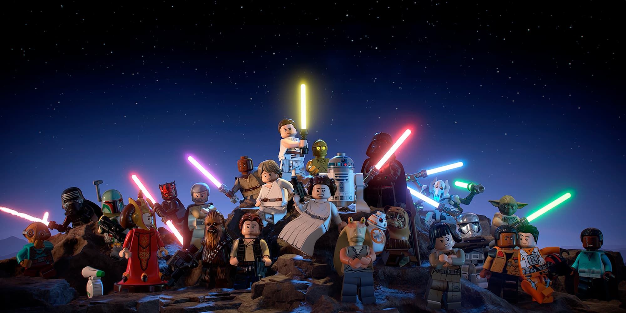 Several characters stand and pose, some with weapons such as lightsabers, in Lego Star Wars: The Skywalker Saga.