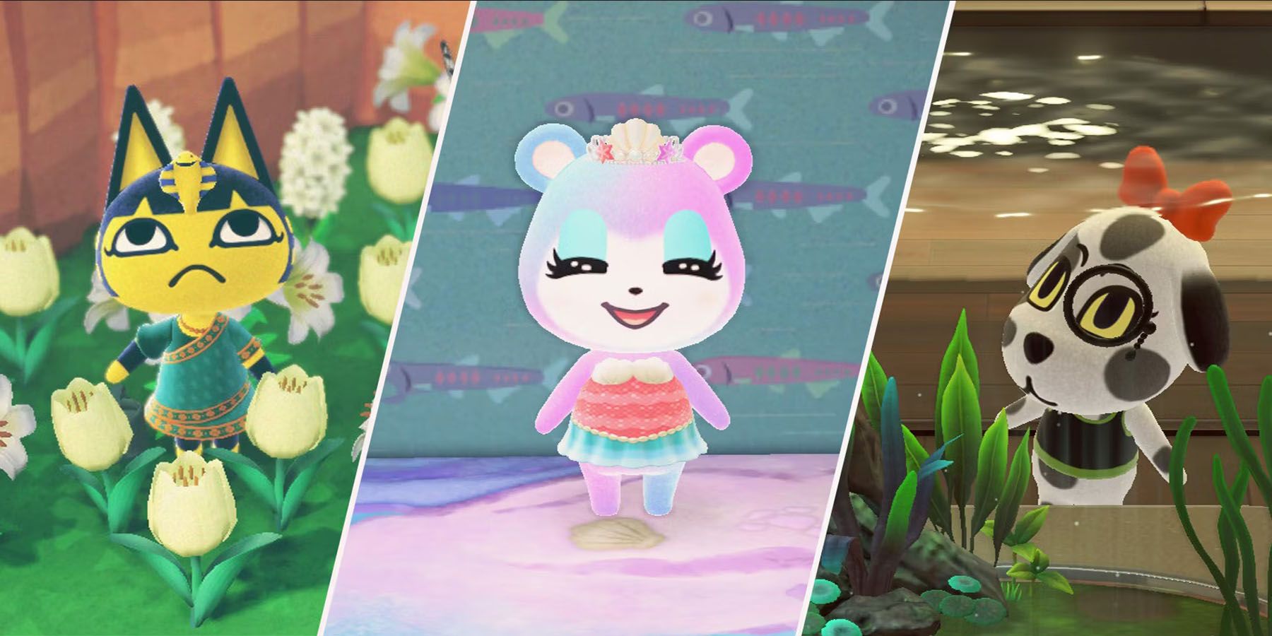 A collage of three sassy villagers, including Ankha the Egyptian cat, Judy the pink and blue teddy bear, and Portia the black and white spotted dog, reacting to the vegetation. 