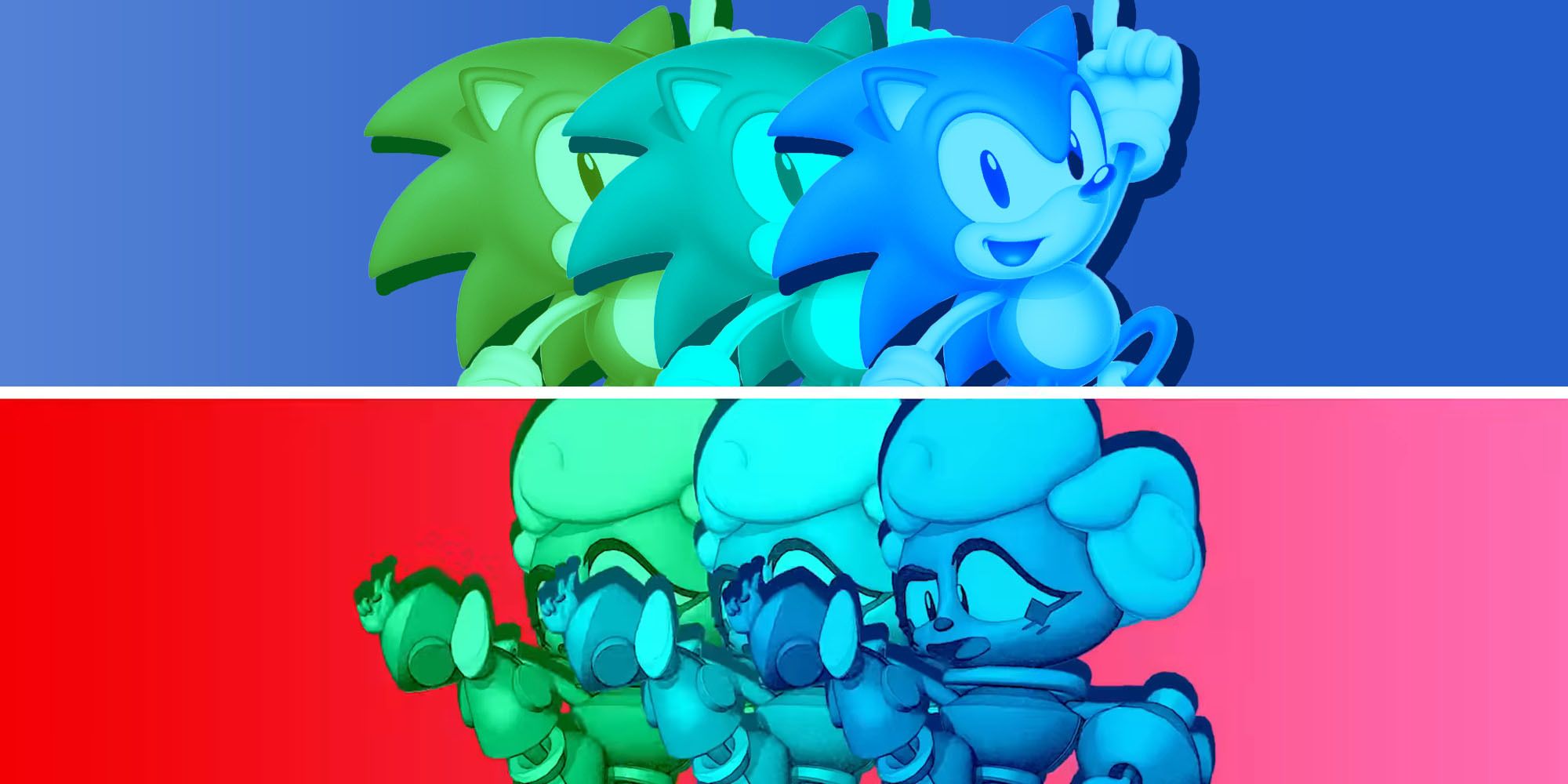 Sonic from the Mania logo on the top of a split image, with Penny from Penny's Big Breakaway at the bottom.