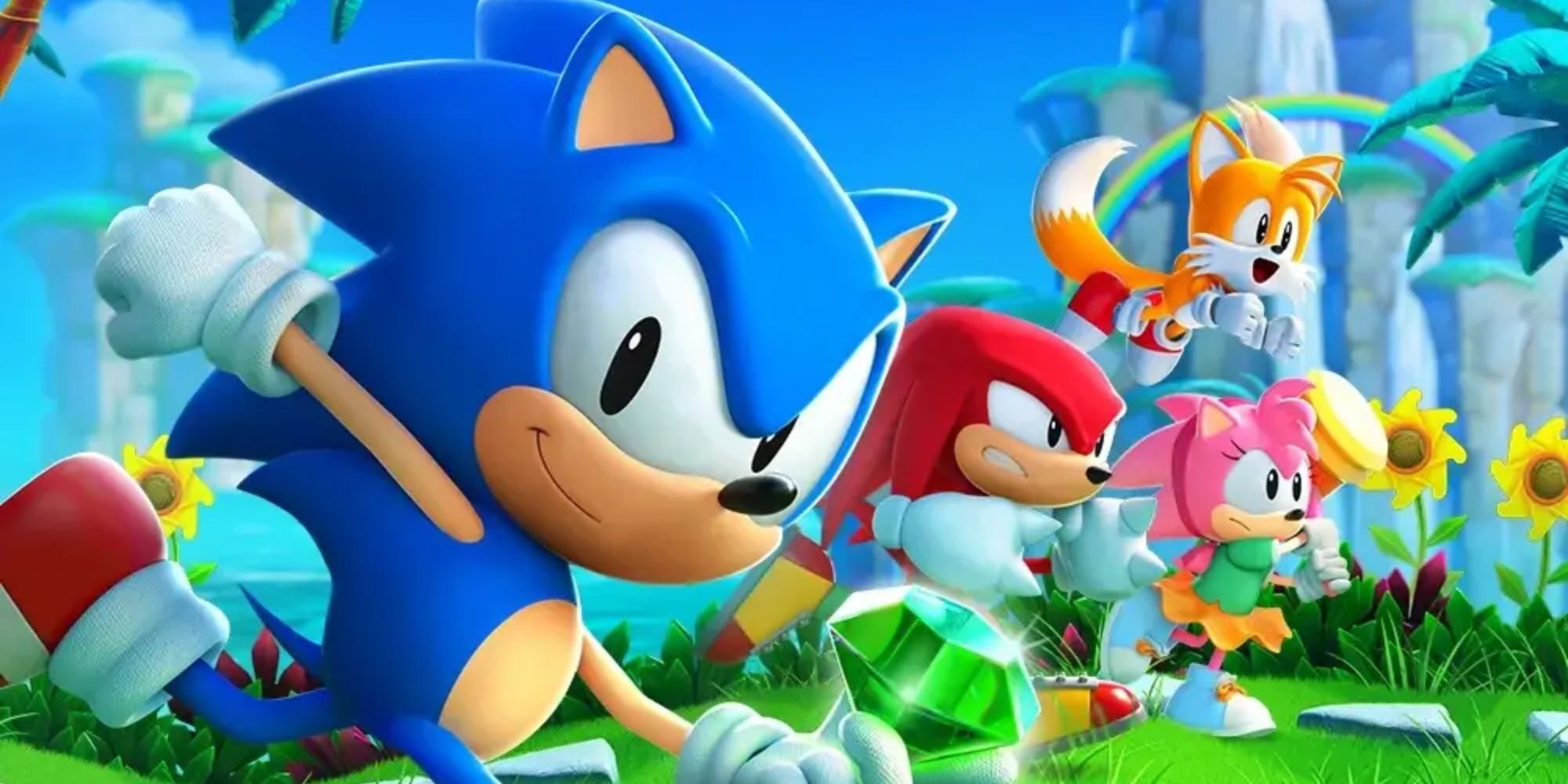 From front to back - Sonic, Knuckles, Amy, and Tails all running in a line