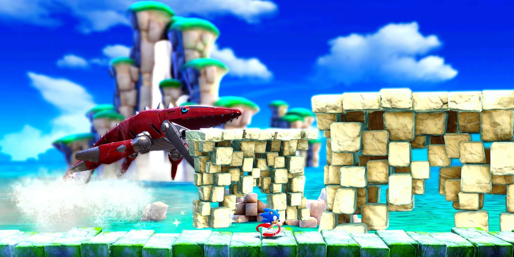 Sonic running from a fish thing in Sonic Superstars.