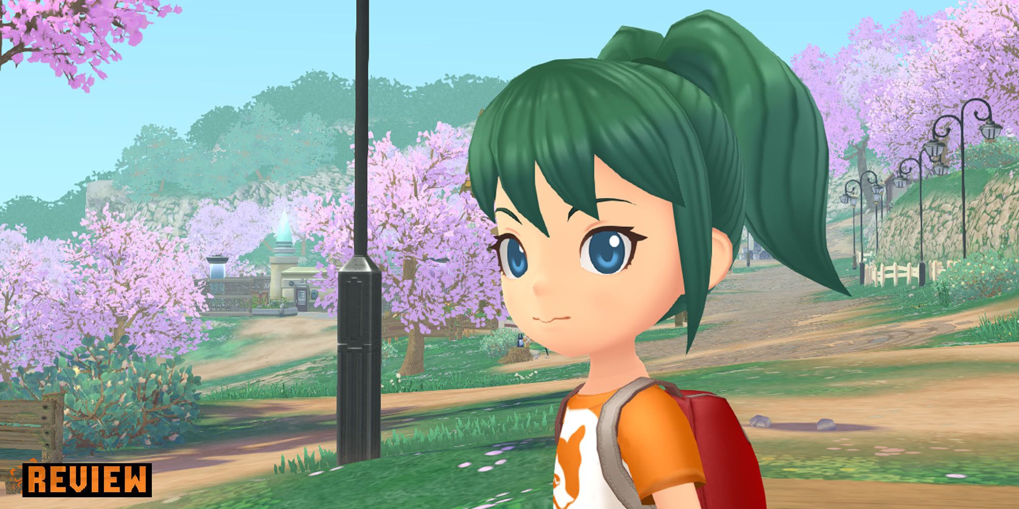 A player with green hair standing in town in Story of Seasons: A Wonderful Life.