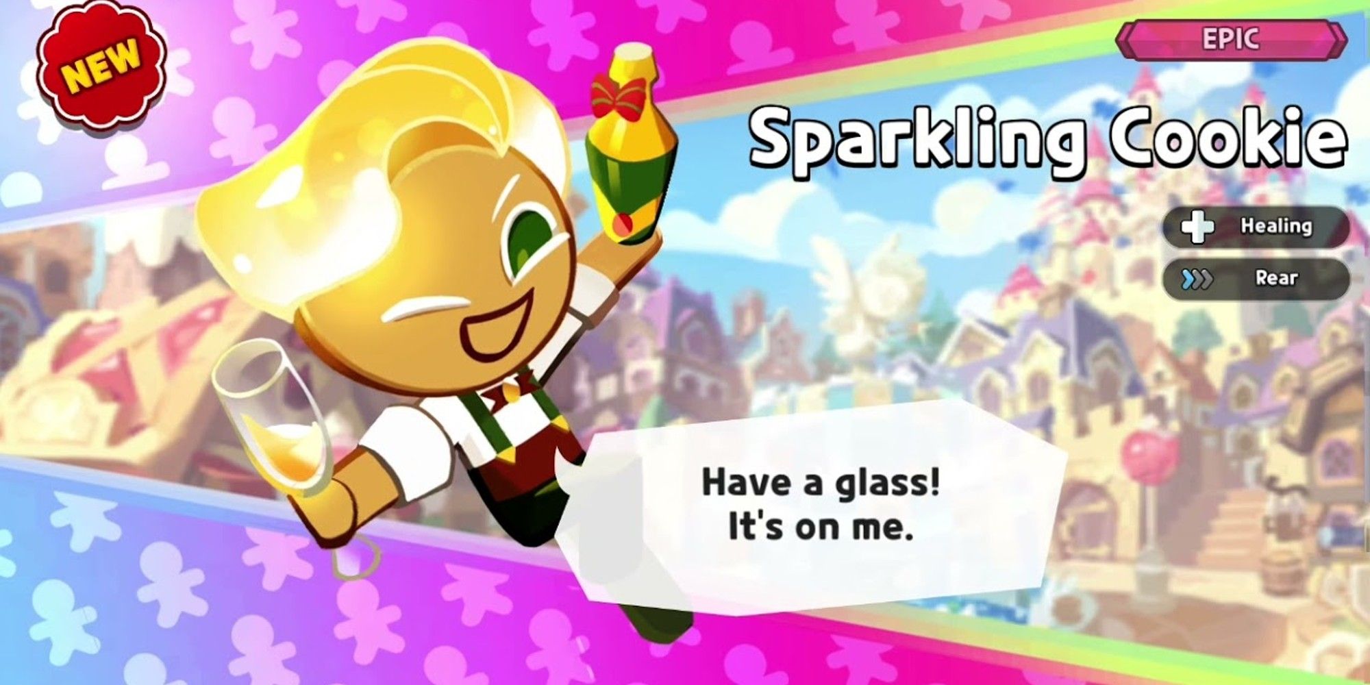 He holds a glass in one hand and a bottle of sparkling juice in the other