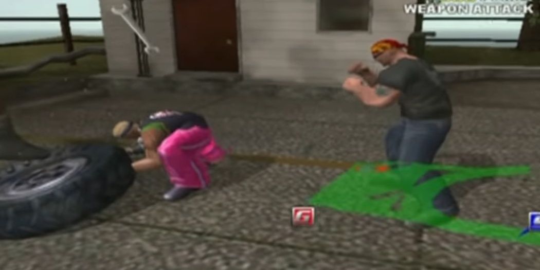 Spike hitting an enemy with a huge tire in Spikeout: Battle Street.