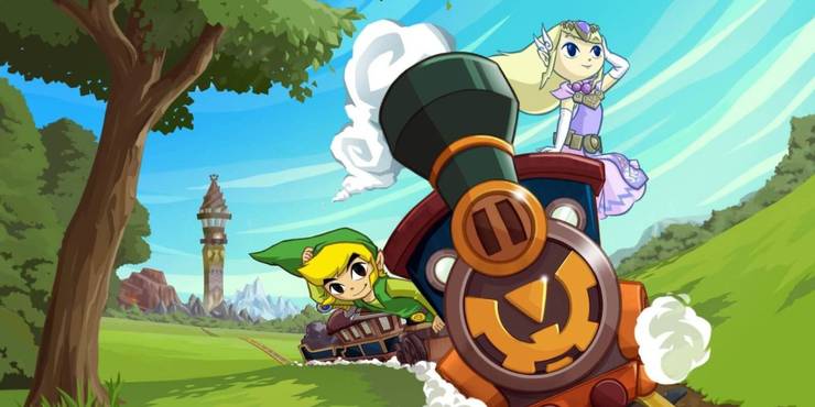 Link and Zelda ride a train through a field in TLOZ:Spirit Tracks.