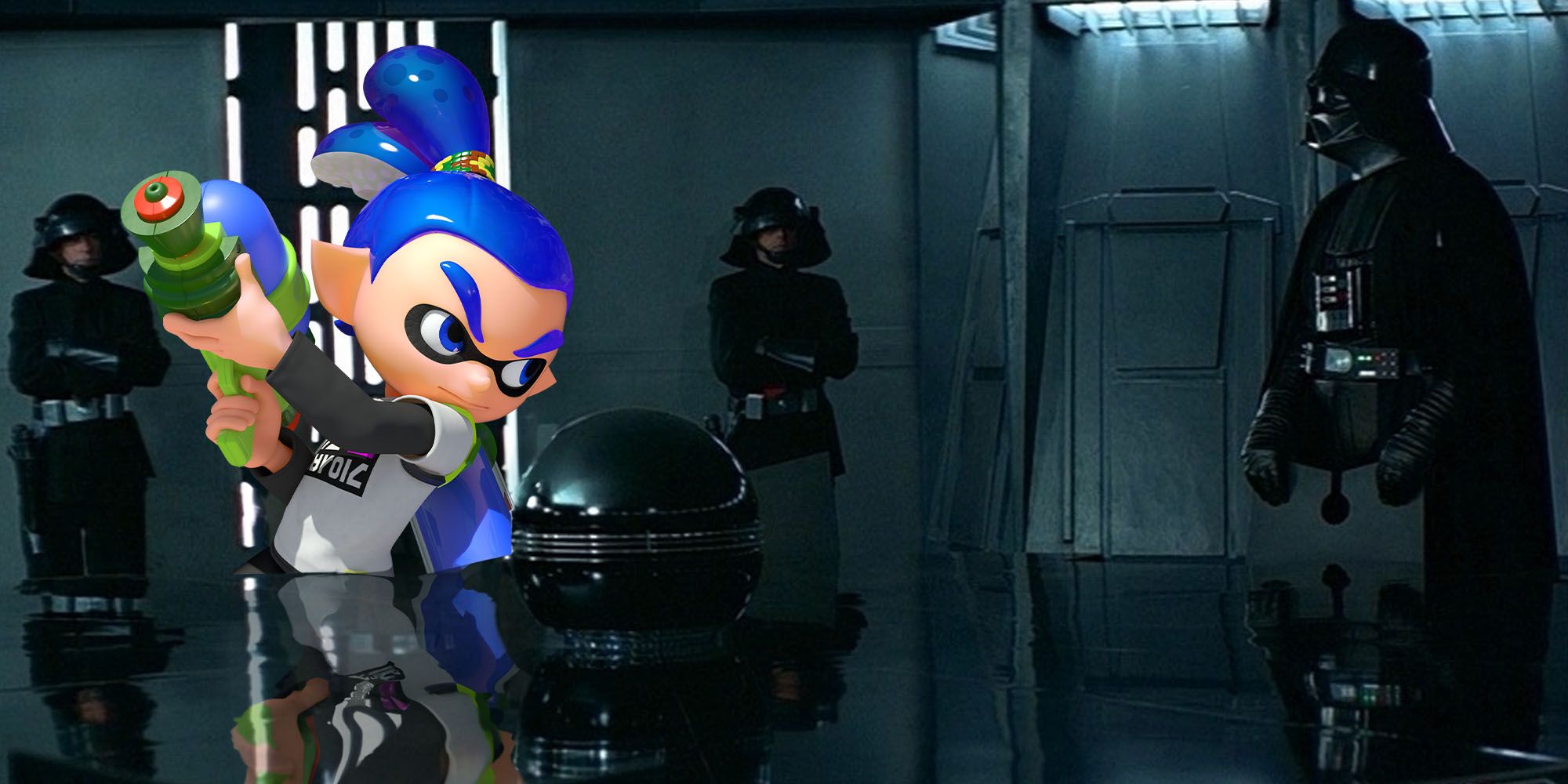 Splatoon character in Star Wars: A New Hope, looking at Darth Vader during a meeting