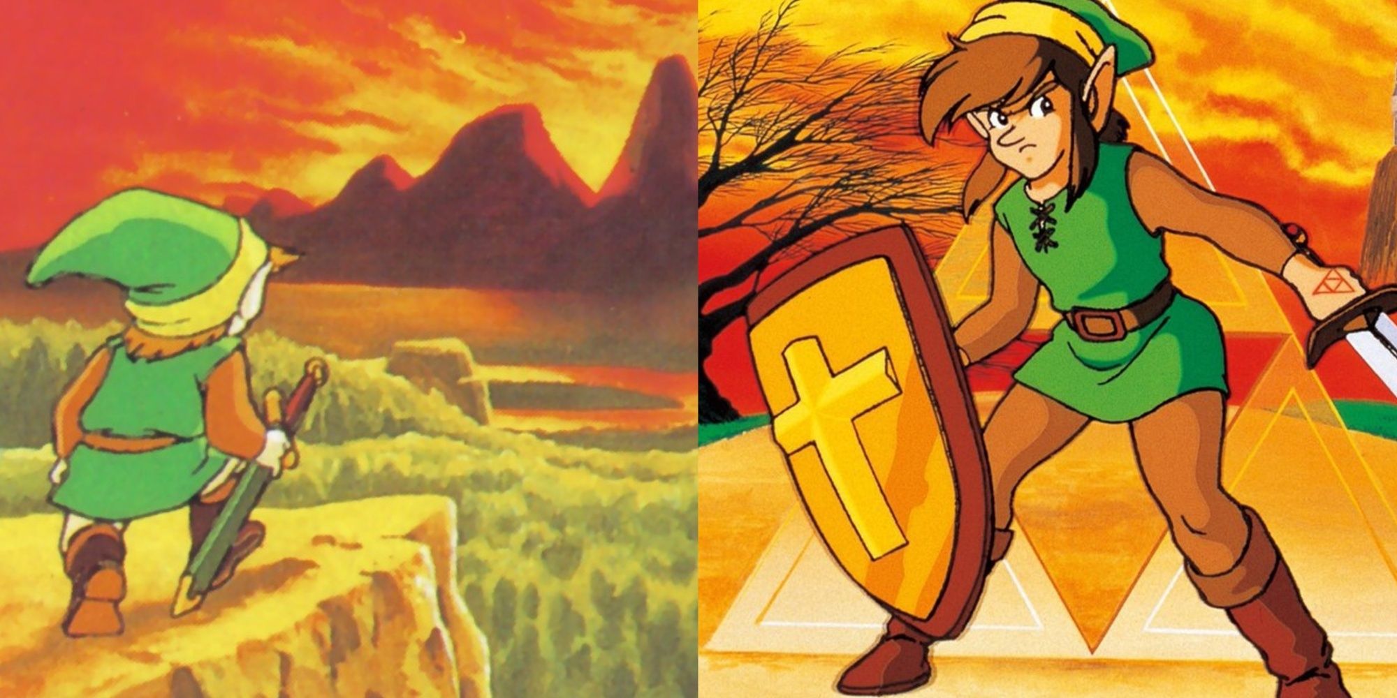 Split image of Link in official The Legend of Zelda art and Link in official Zelda 2 The Adventure of Link art