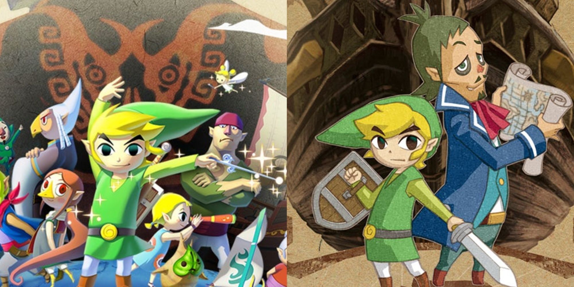 Split image of official art showing Link and supporting characters in The Wind Waker and Link and Linebeck in Phantom Hourglass