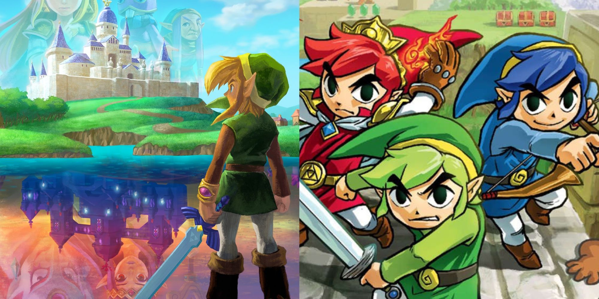 Split image of official artwork of Link in A Link Between Worlds and three Links in Tri Force Heroes