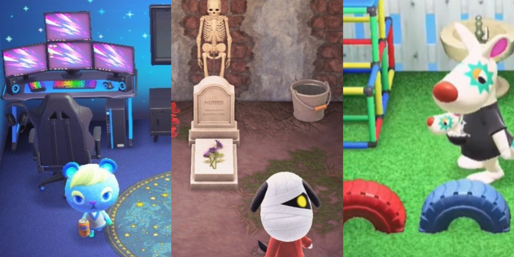 Split images of Ione, Lucky, and Astrid in their houses in Animal Crossing New Horizons