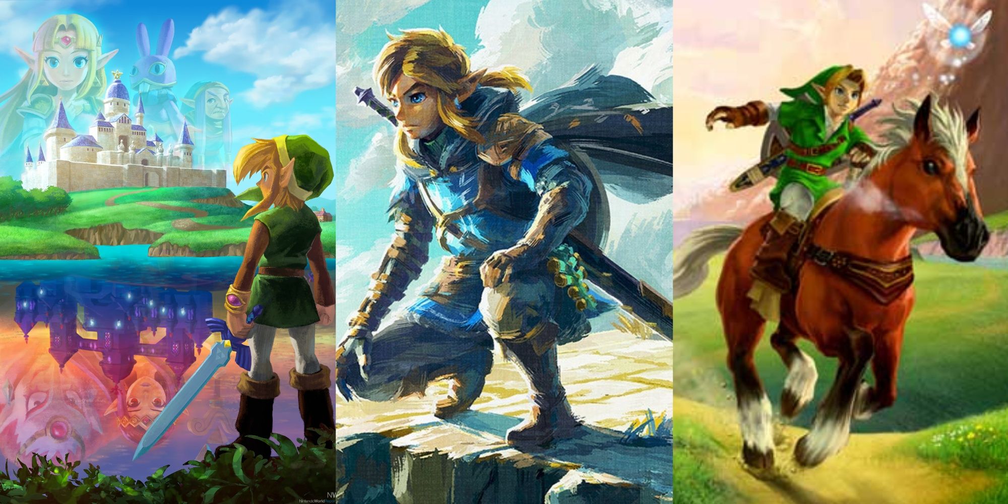Split images of official art of Link in A Link Between Worlds, Tears of the Kingdom, and Ocarina of Time.