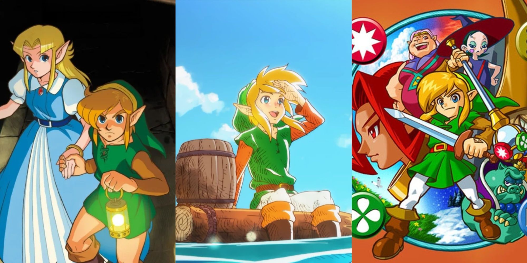 Split images of official art showing Link and Zelda in A Link to the Past, Link on a raft in Link's Awakening, and Link with supporting characters in Oracles of Ages and Seasons
