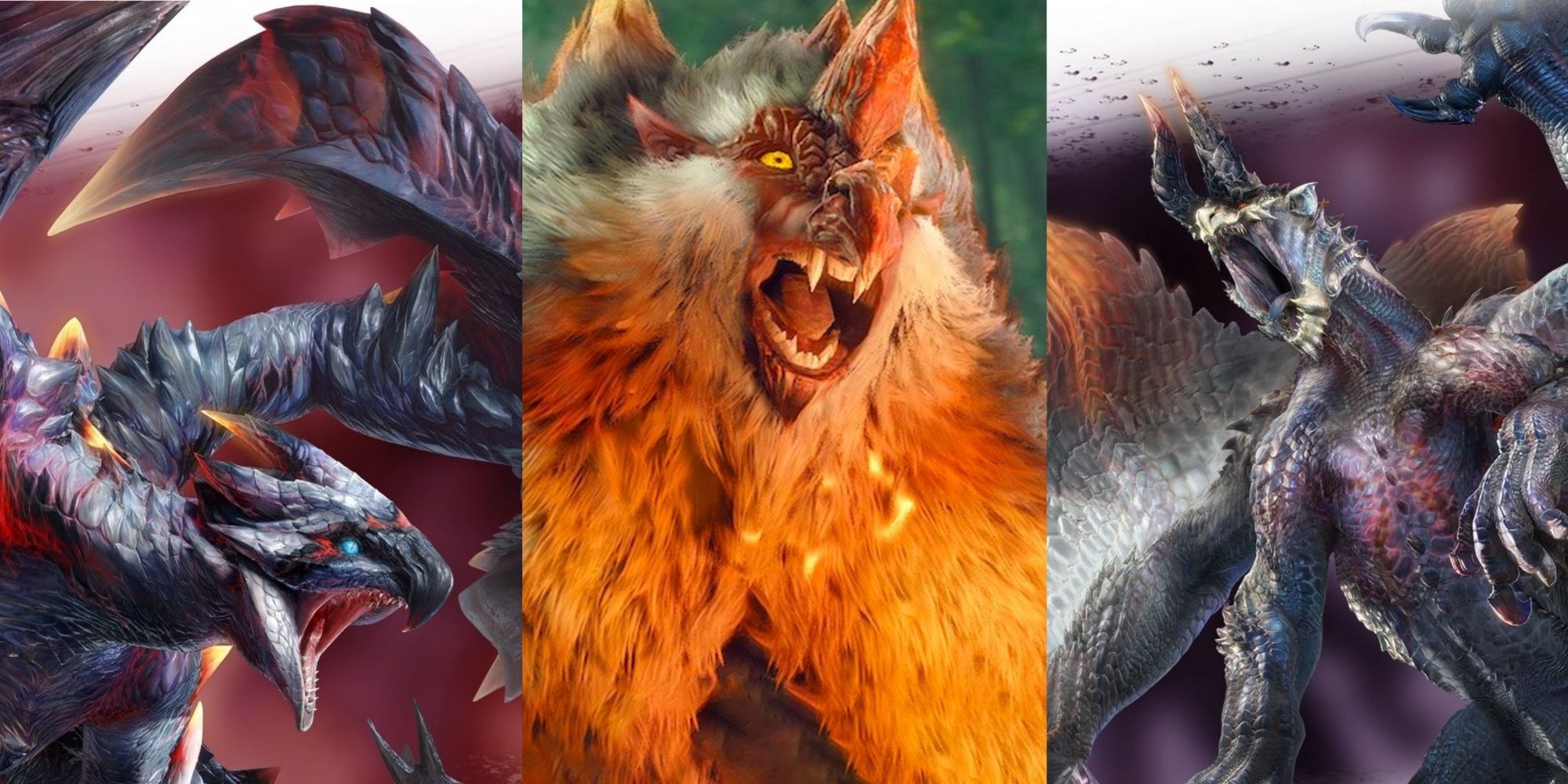 Split images of Risen Crimson Glow Valstrax, The Blood Orange Bishaten, and Risen Shagaru Magala in Monster Hunter Rise Sunbreak.