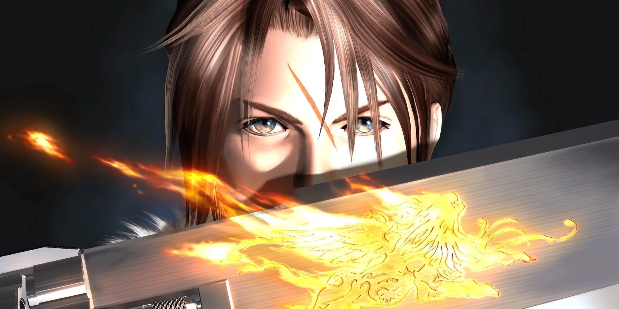 Squall poses with his sword covering his face.  The emblem on his sword lights up