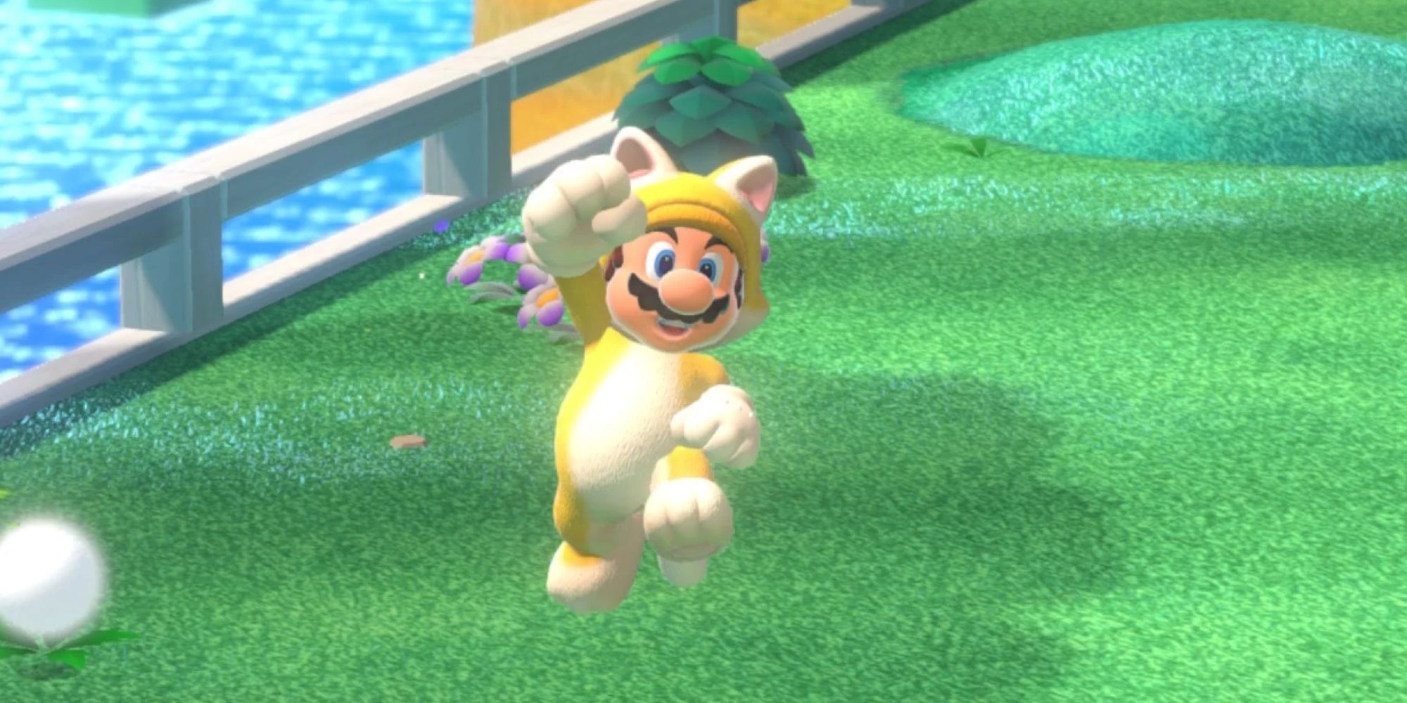 Super Mario 3D World Cat Mario is jumping on the grass