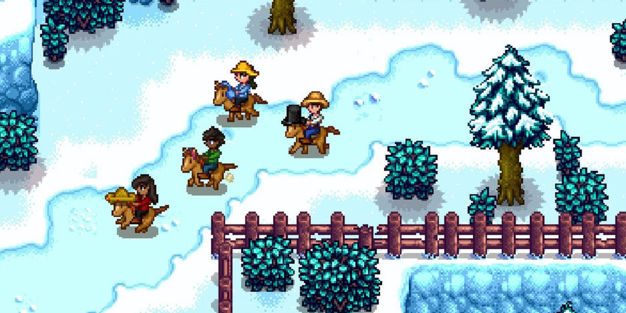 four Stardew Valley characters riding on horses in winter
