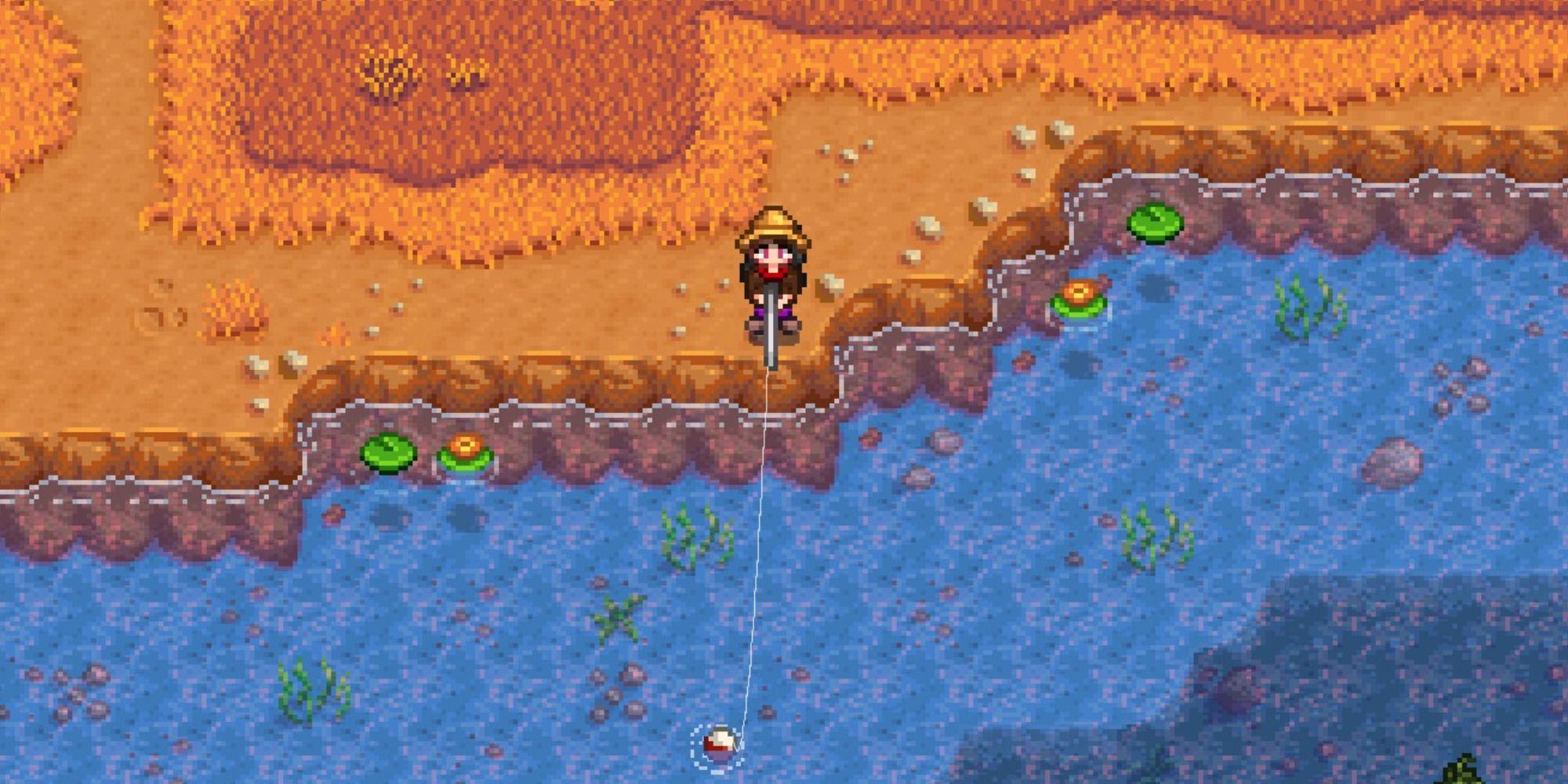 Stardew Valley character fishing by the river