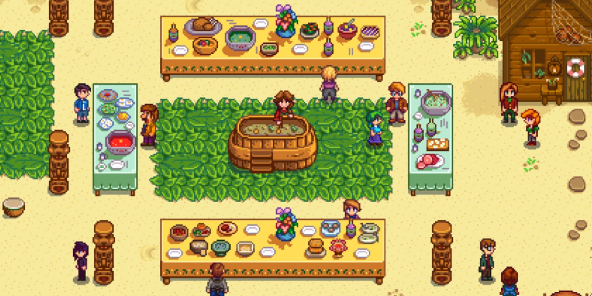 Stardew Valley many characters hanging out in a luau with soup
