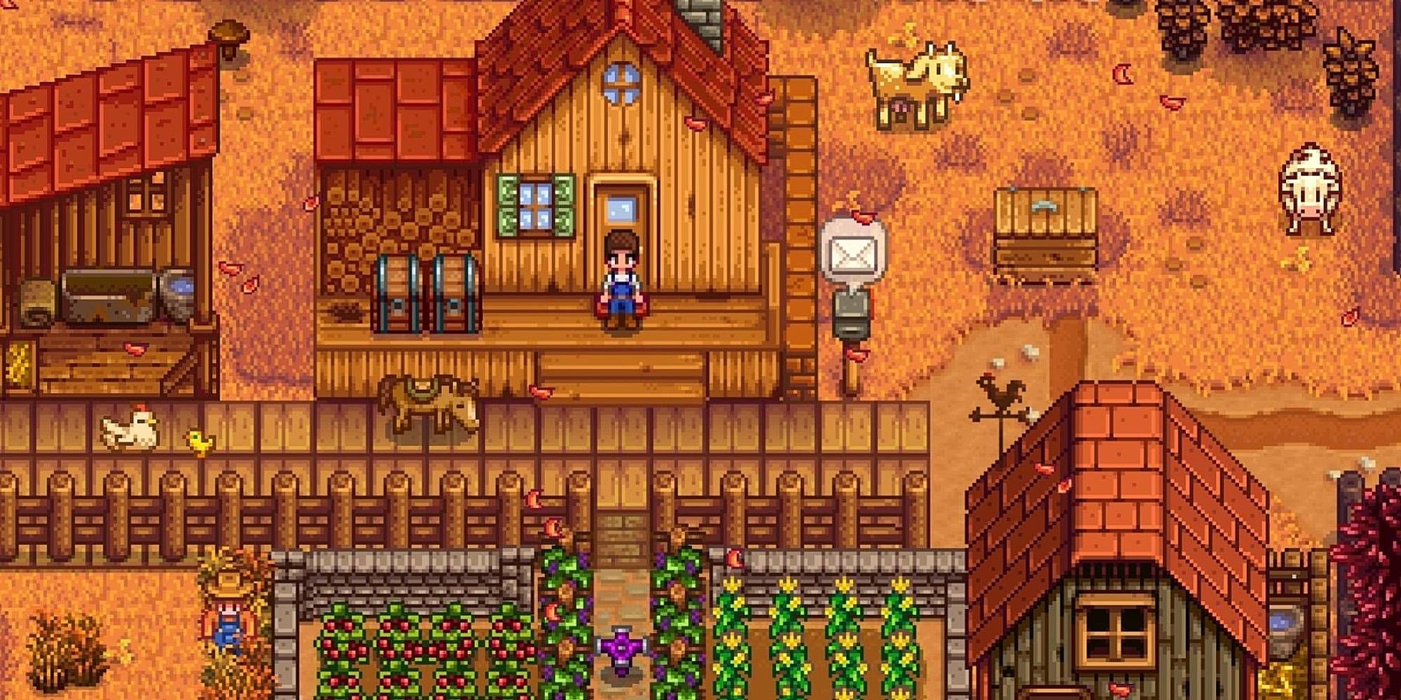A player stands in front of a bountiful farm with crops and animals