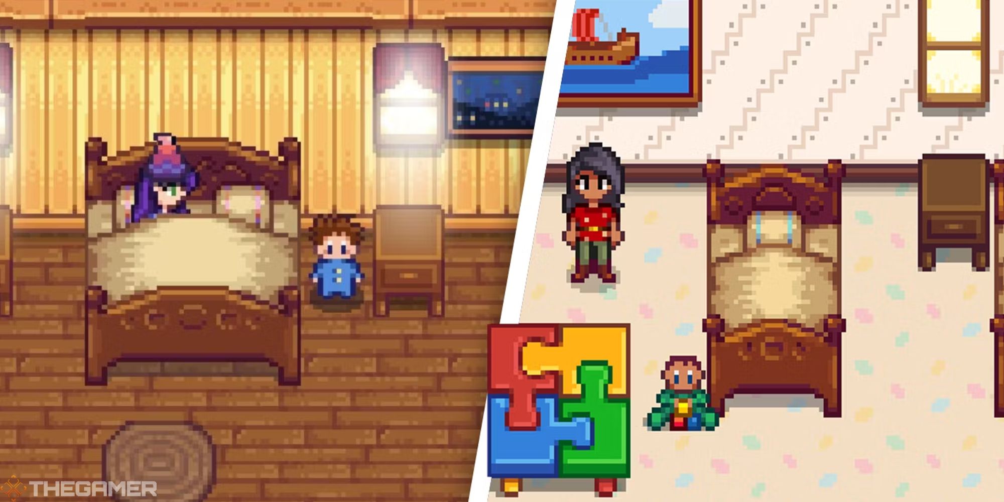 split image showing player in bed with child nearby, next to image of player and child in kids bedroom