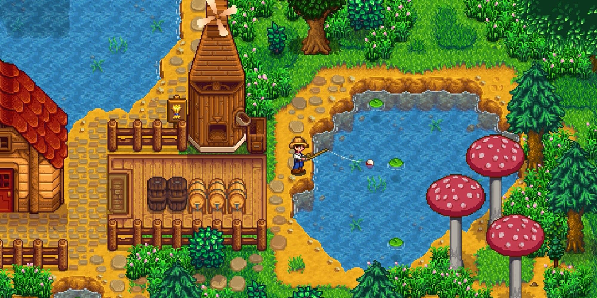 Stardew Valley character fishing on their farm