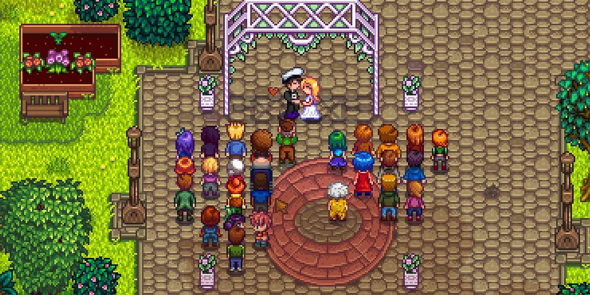 Numerous townspeople watch a wedding ceremony in Stardew Valley