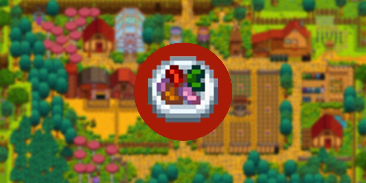 icon of Stardew Valley meal Autumn's Bounty on a blurred farm background