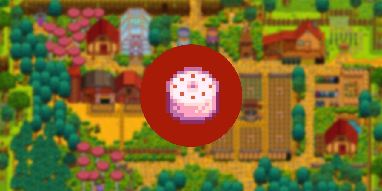 icon of Stardew Valley meal Pink Cake on a blurred farm background