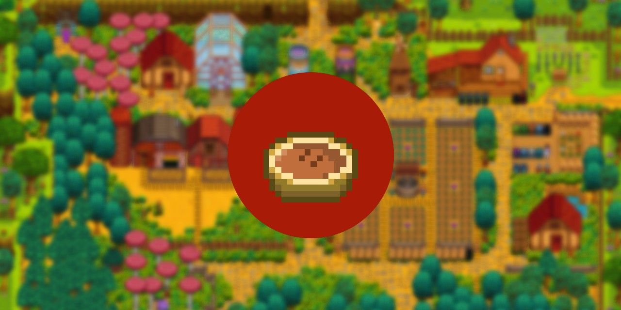 icon of Stardew Valley meal Pumpkin Pie on a blurred farm background