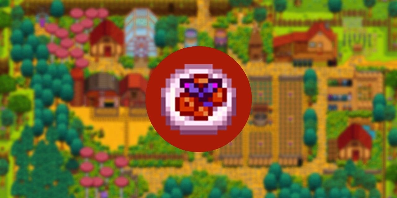Icon for Stardew Valley meal Red Plate on a blurred farm background