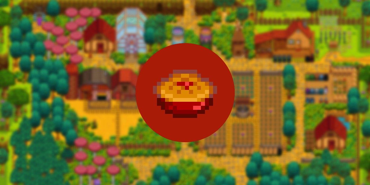 icon of Stardew Valley meal Rhubarb Pie on a blurred farm background