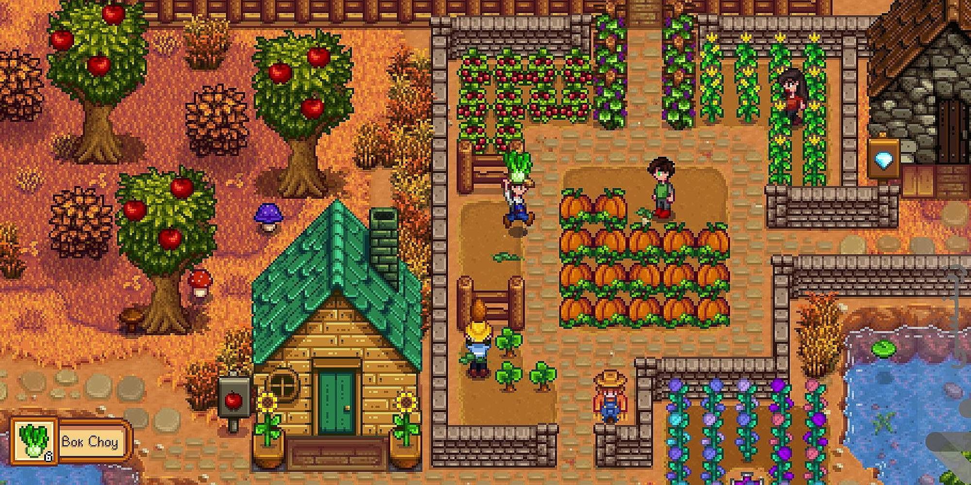 Numerous players on a farm in Stardew Valley