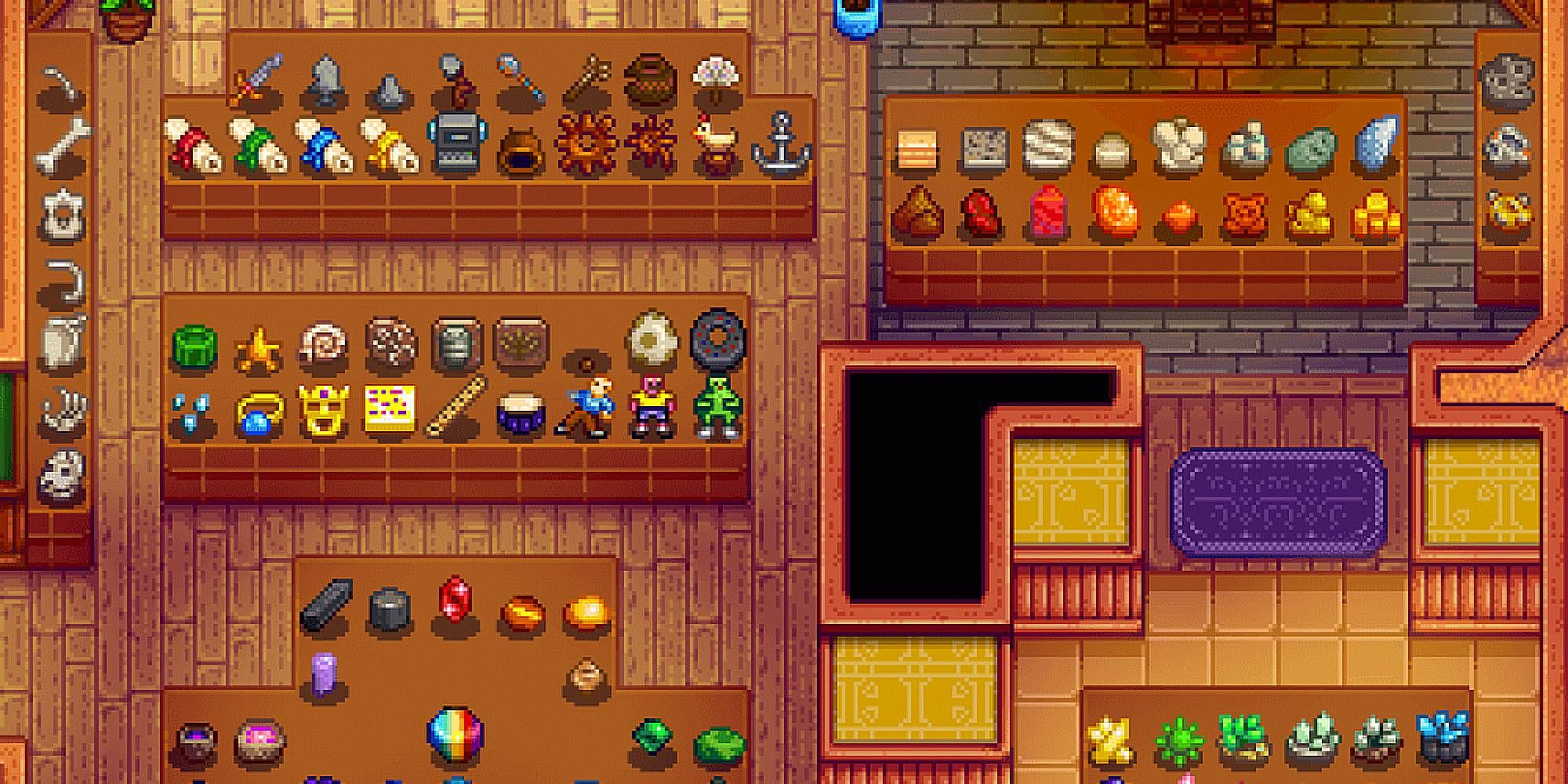 A collection of colourful gems and artifacts are on tables in the Stardew Valley museum