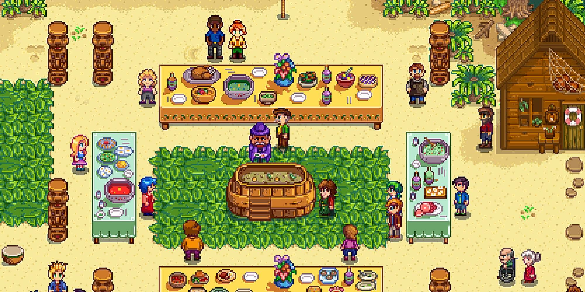Numerous figures are at tables and a large pot at the beach in Stardew Valley
