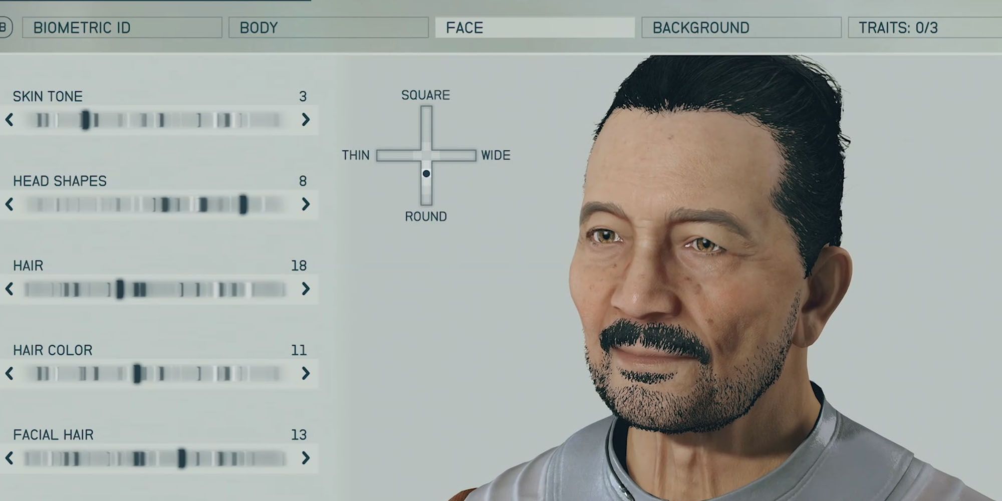 Starfield character creator showing a man's face being changed around. 