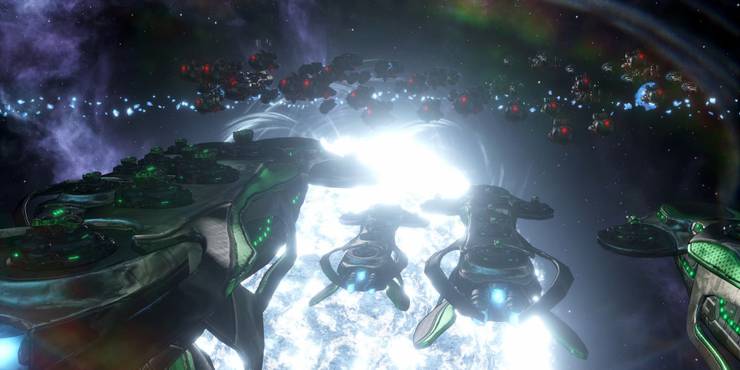 Two massive fleets of ships go head-to-head above a star in Stellaris.