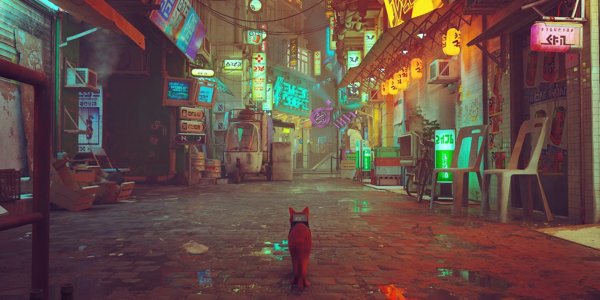The cat in Stray walks down a side street lined with neon signs.