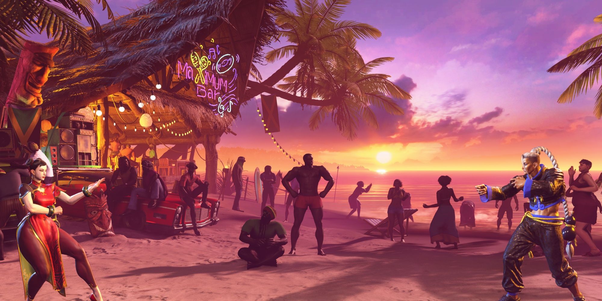 Chun-Li squaring off against Jamie on a beach with the Maximum Bar in the background and partygoers onlooking in Street Fighter 6.