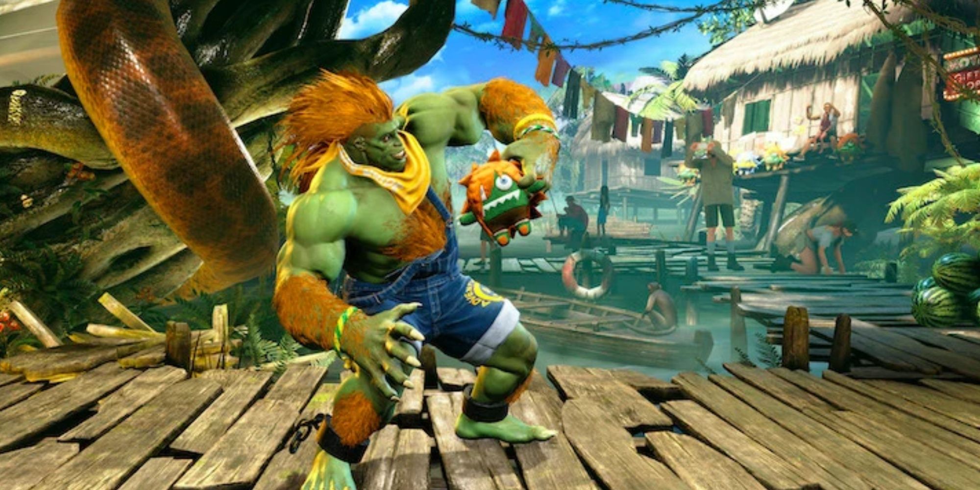 Blanka posing with a plush of himself in Street Fighter 6