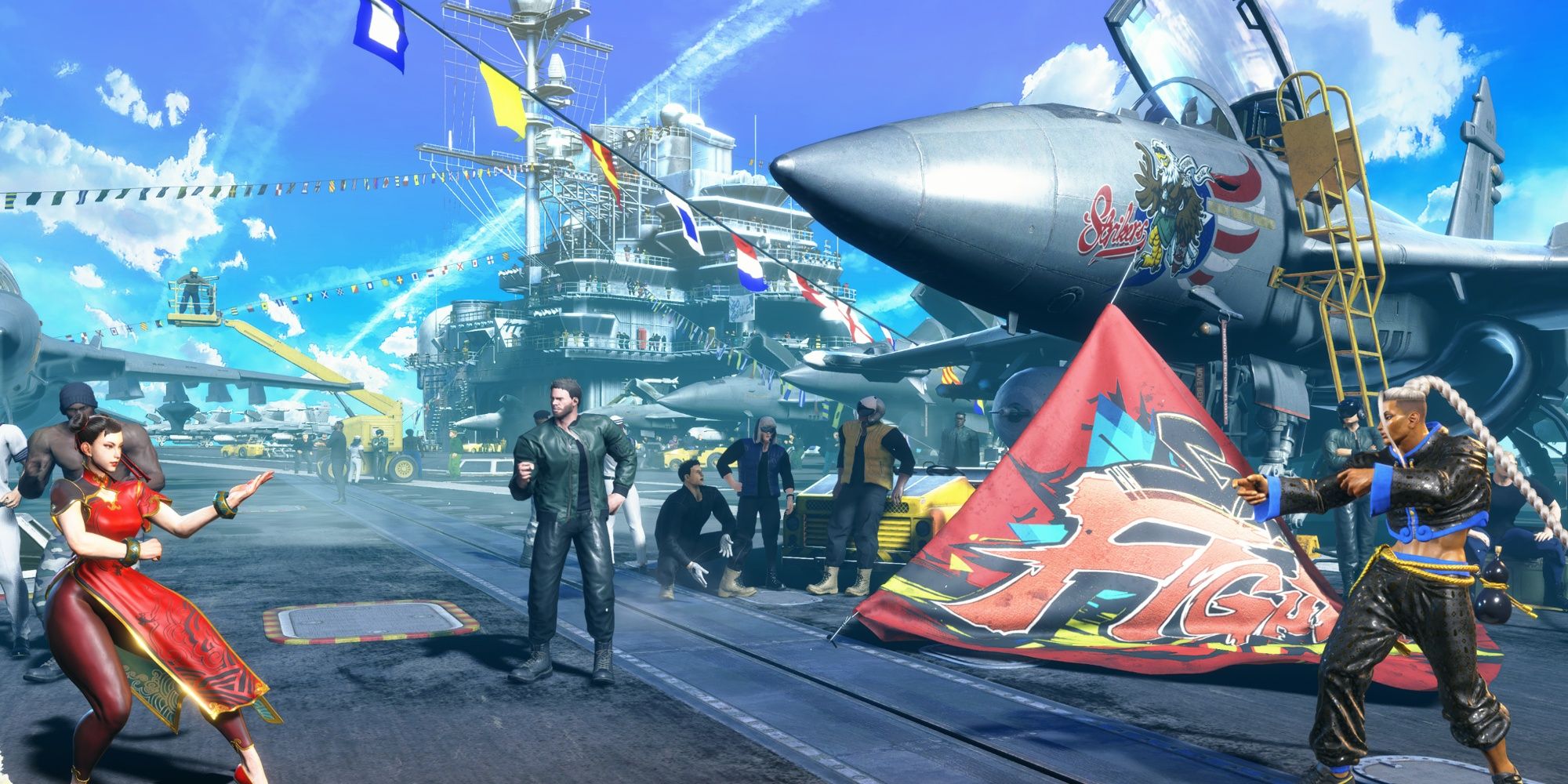 Chun-Li squaring off against Jamie in an airbase while the service members onlook the encounter in Street Fighter 6.